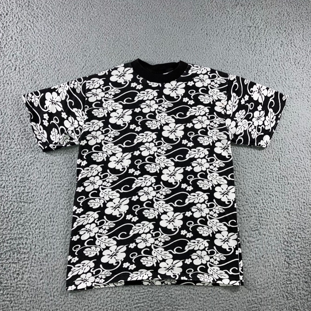 Floral T-Shirt Men M Black White‎ Hibiscus All Over Print Crewneck Tee Travel